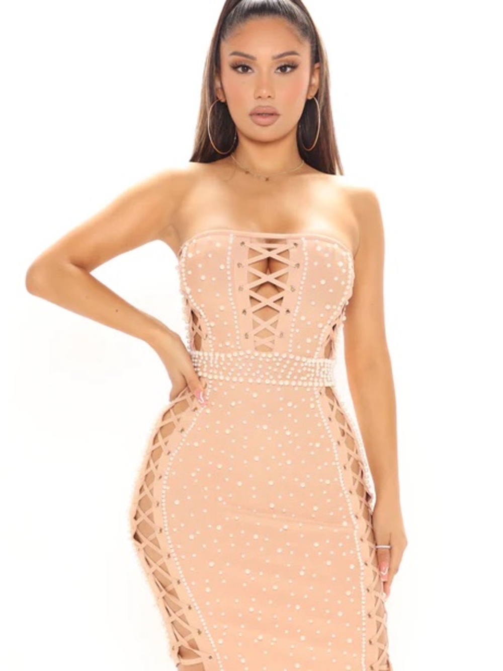 Fashion Nova Strapless Pearl-Embellished Nude Bodycon Dress LIMITED EDITION